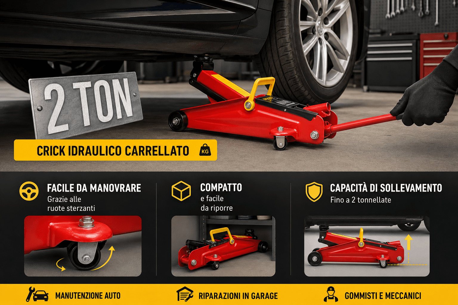 Crick Idraulico Carrellato 2 Ton - Sollevatore Auto Compatto e Maneggevole - foto 2