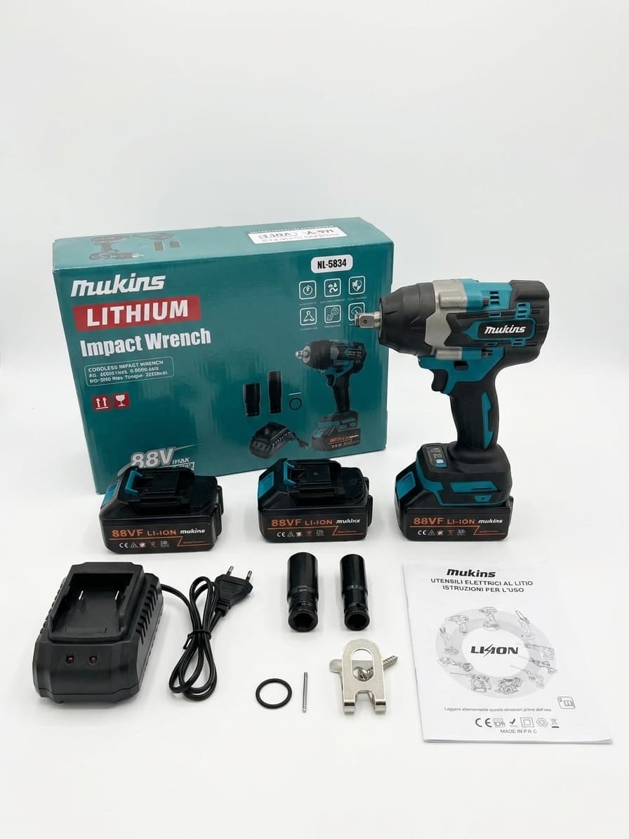 Mukins Avvitatore a Impulsi a Batteria Brushless 88VF – 682 Nm, 1/2", 3 Velocità, Kit Completo - foto 1
