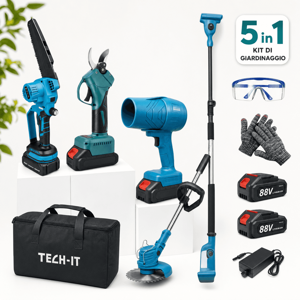 Kit Giardinaggio 5 in 1: Minimotosega, Forbici , Asta 2,5m , decespugliatore , soffiatore + 2 batterie e accessori - foto 3