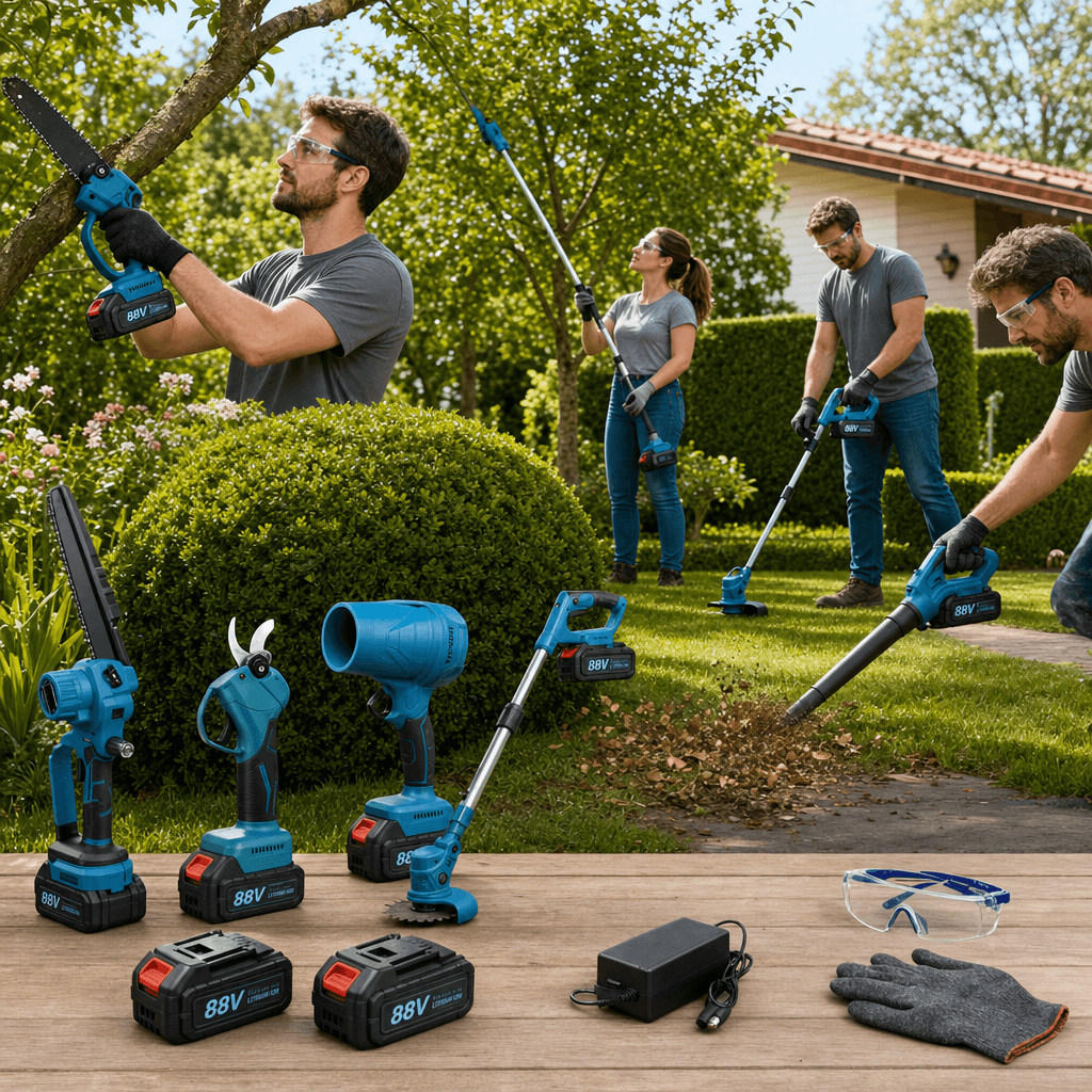 Kit Giardinaggio 5 in 1: Minimotosega, Forbici , Asta 2,5m , decespugliatore , soffiatore + 2 batterie e accessori - foto 4