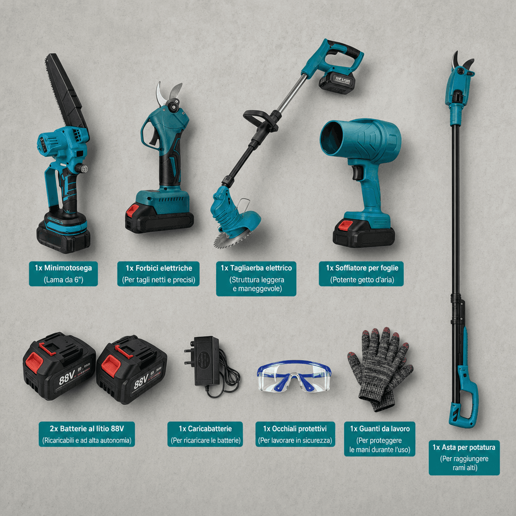 Kit Giardinaggio 5 in 1: Minimotosega, Forbici , Asta 2,5m , decespugliatore , soffiatore + 2 batterie e accessori - foto 1