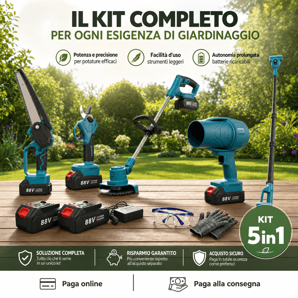 Kit Giardinaggio 5 in 1: Minimotosega, Forbici , Asta 2,5m , decespugliatore , soffiatore + 2 batterie e accessori - foto 2