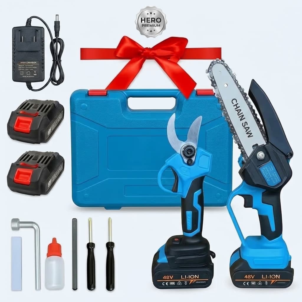 Kit Potatura 2 in 1 – Forbici Elettriche + Mini Motosega a Batteria 48V Li-Ion con Valigetta - foto 1