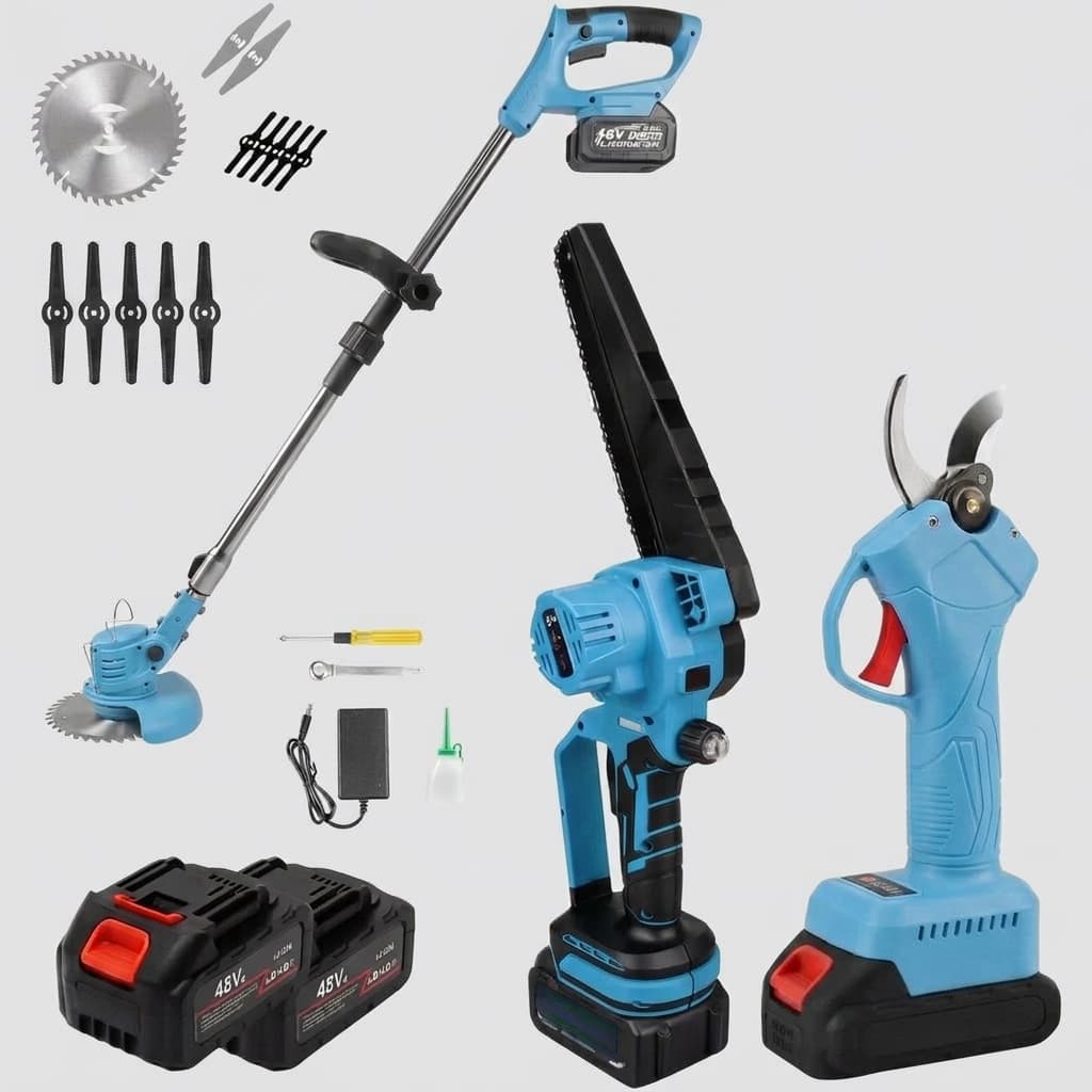 Kit Potatura 3 in 1 a Batteria 48V – Forbice Elettrica + Mini Motosega 6" + Decespugliatore - foto 3