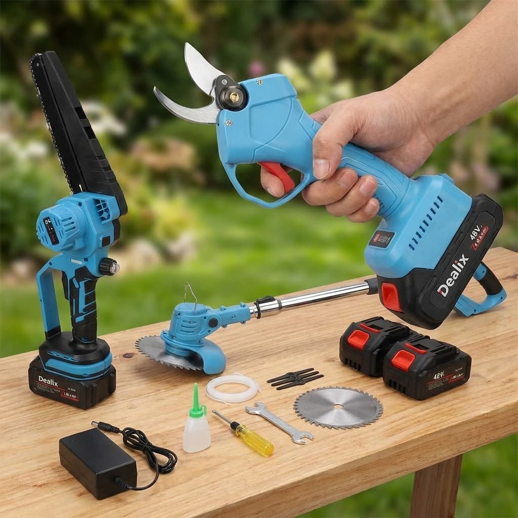 Kit Potatura 3 in 1 a Batteria 48V – Forbice Elettrica + Mini Motosega 6" + Decespugliatore - foto 4
