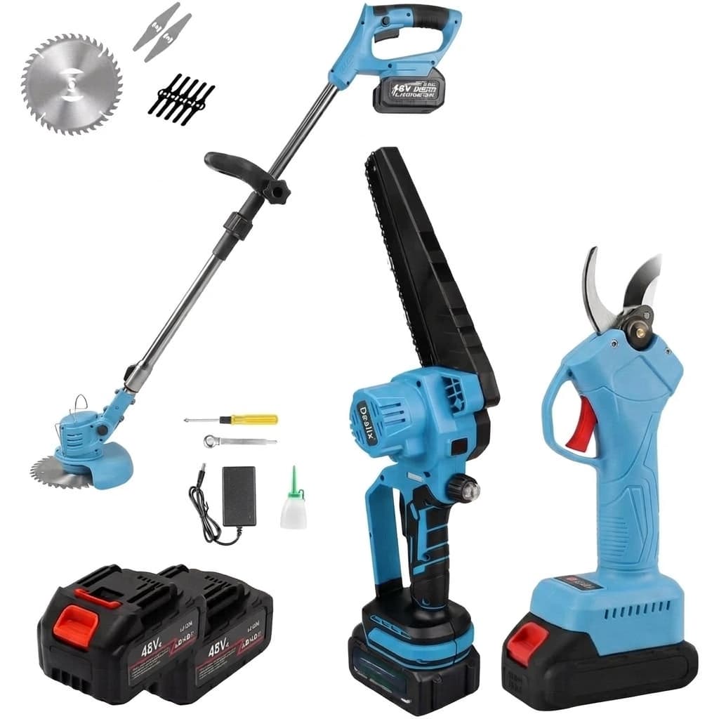 Kit Potatura 3 in 1 a Batteria 48V – Forbice Elettrica + Mini Motosega 6" + Decespugliatore - foto 1