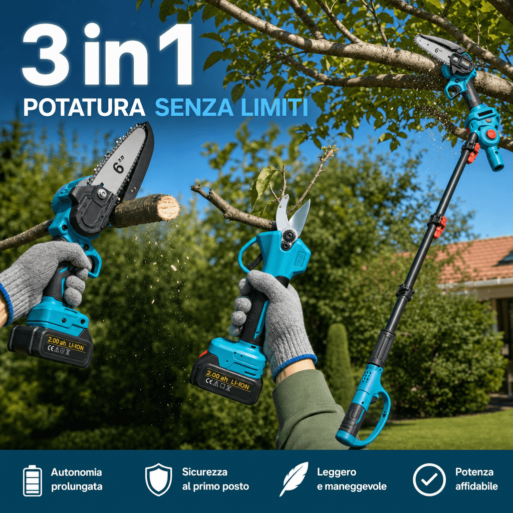 Kit Potatura Elettrico 3 in 1 con Asta Telescopica e Batteria - foto 3