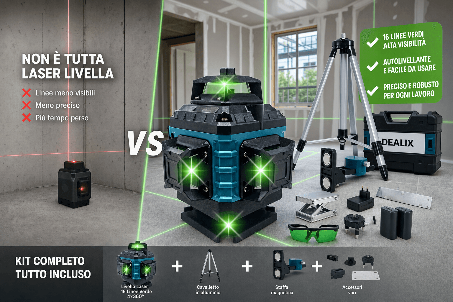 Livella Laser 16 Linee Verde 4x360° Dealix - Kit Professionale per Edilizia e Fai da Te - foto 1