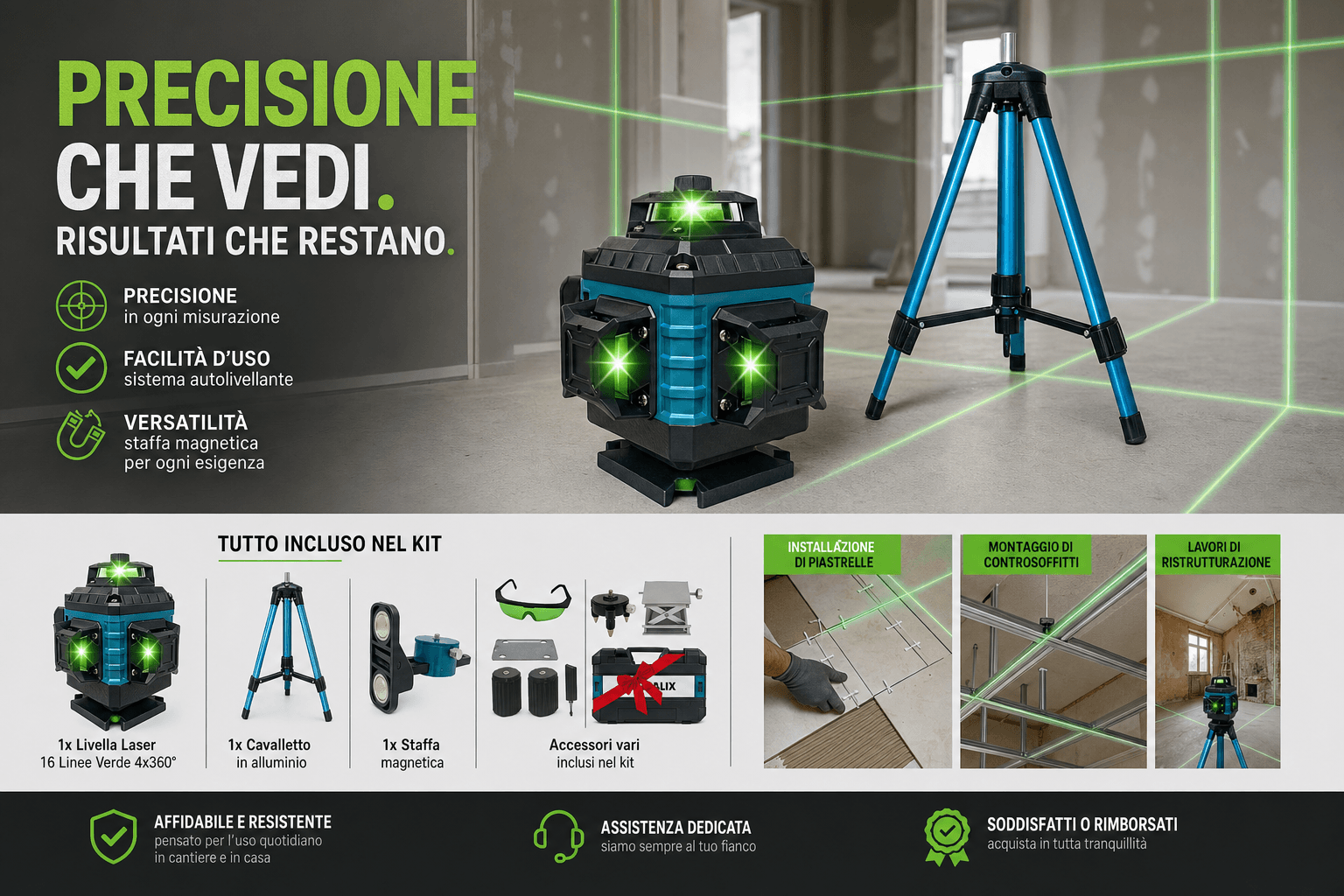 Livella Laser 16 Linee Verde 4x360° Dealix - Kit Professionale per Edilizia e Fai da Te - foto 3