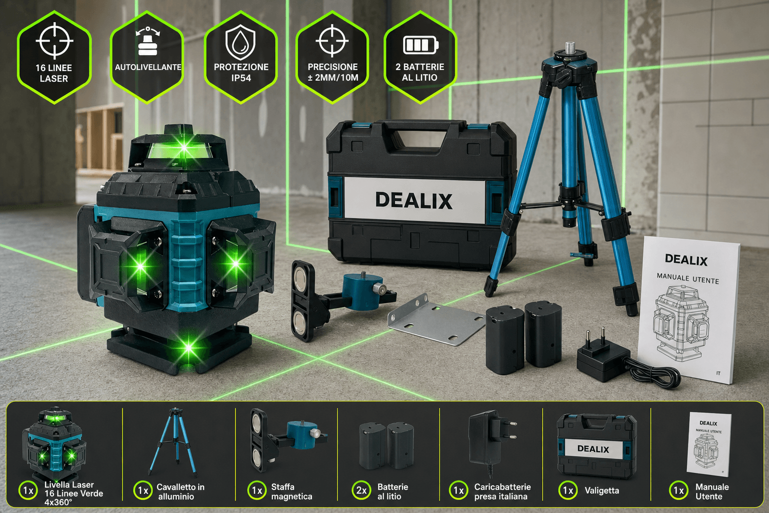 Livella Laser 16 Linee Verde 4x360° Dealix - Kit Professionale per Edilizia e Fai da Te - foto 2