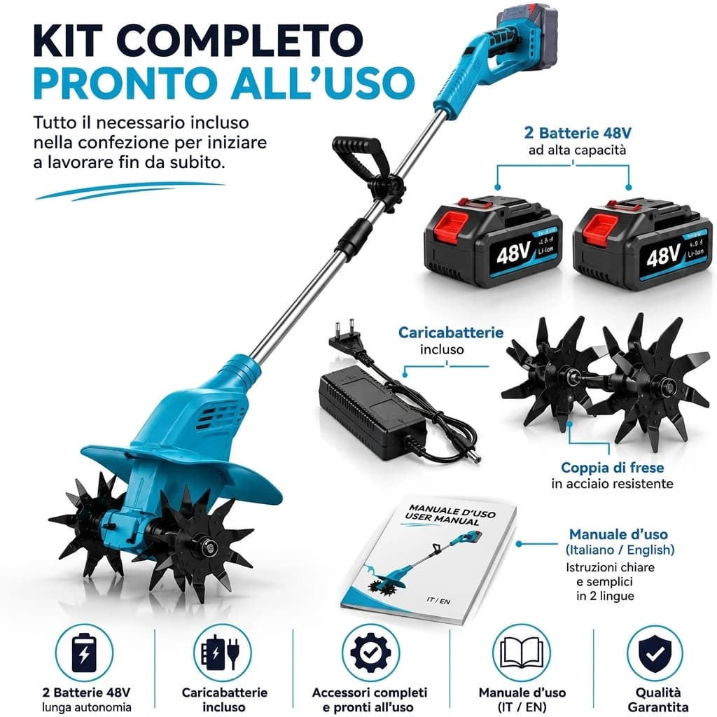 Motozappa Elettrica a Batteria 48V – Kit Completo con 2 Batterie, Caricabatterie e Coppia di Frese - foto 4