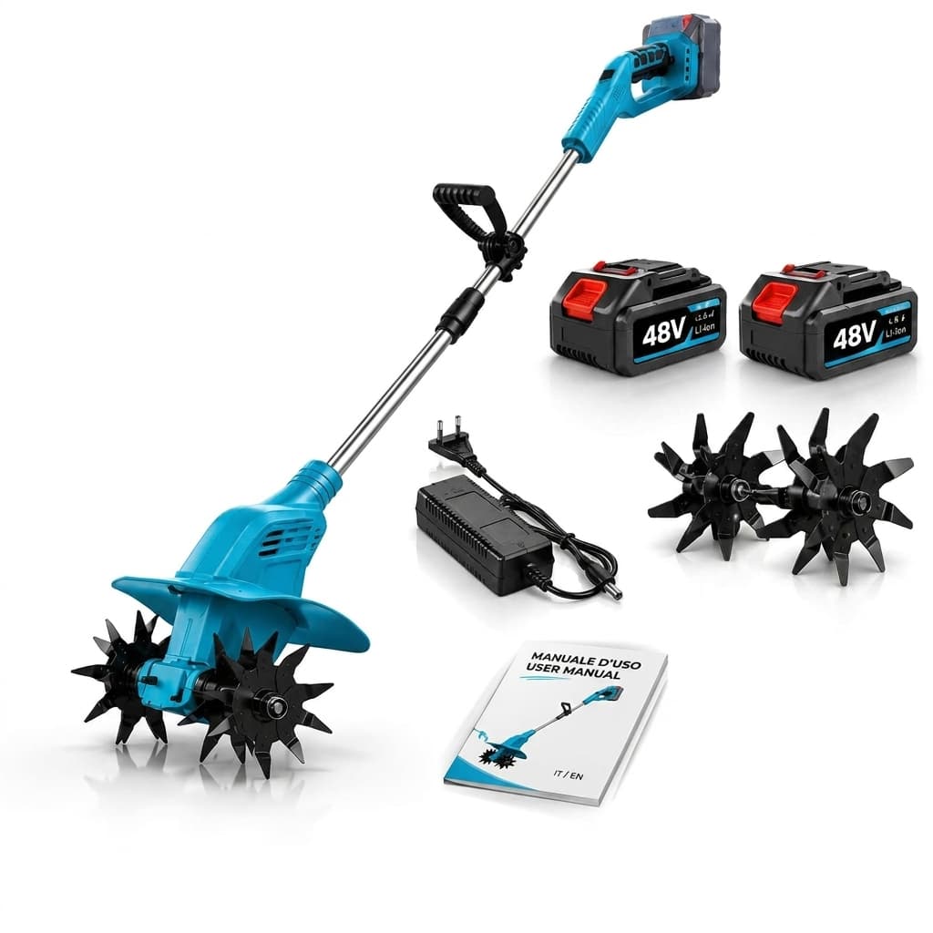 Motozappa Elettrica a Batteria 48V – Kit Completo con 2 Batterie, Caricabatterie e Coppia di Frese - foto 1