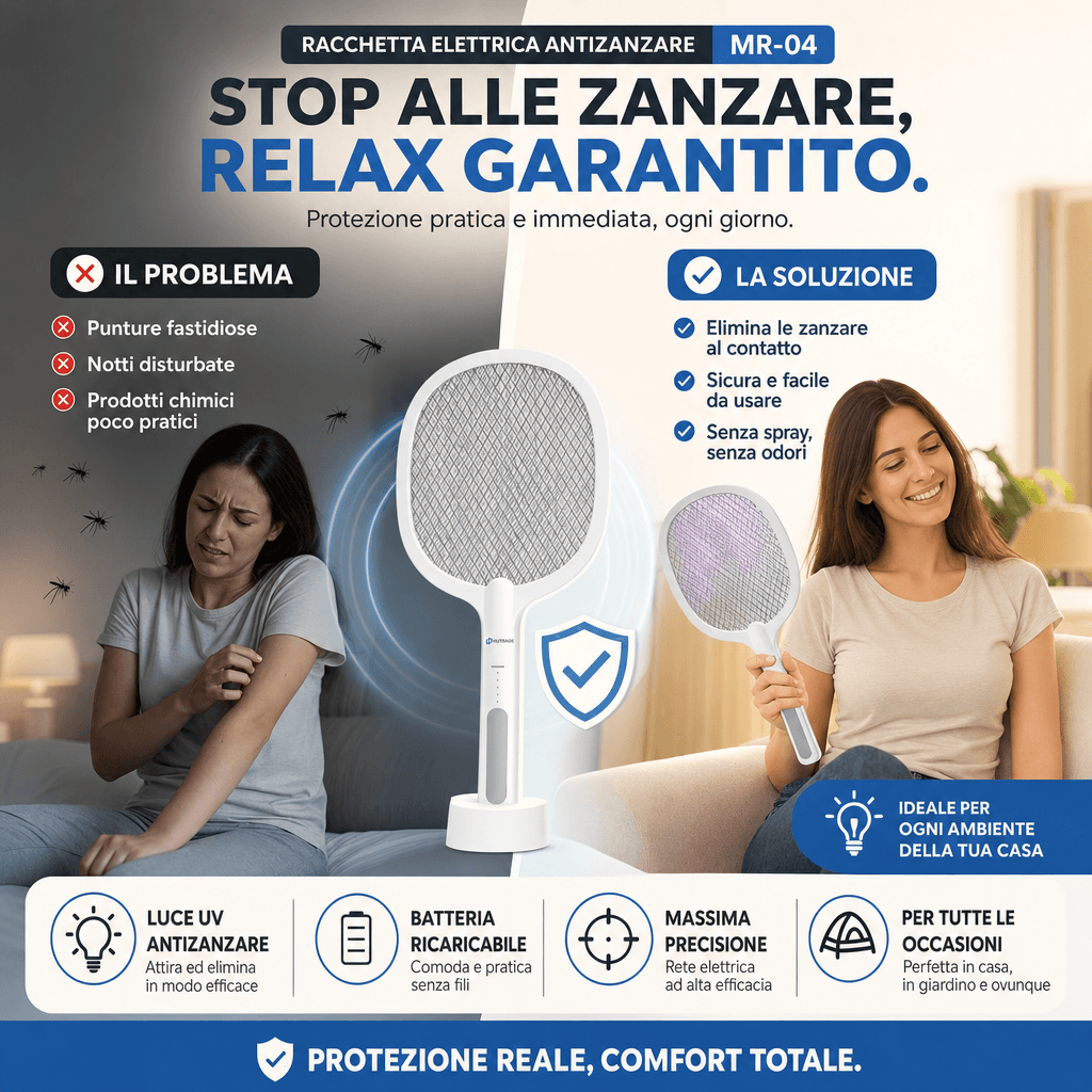 Tutto Incluso, Pronto all Uso - Racchetta Elettrica Antizanzare MR-04