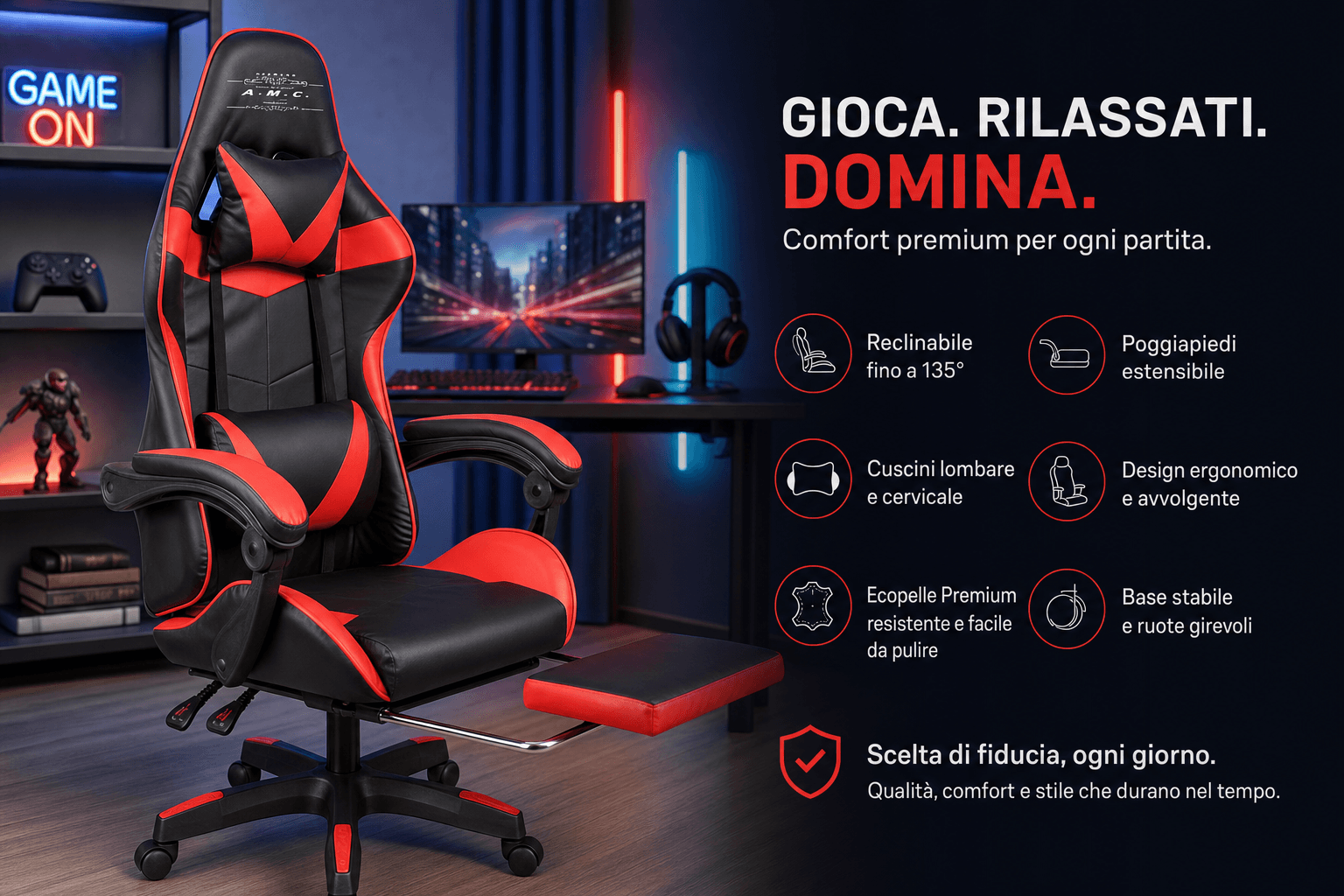 Hai visto i dettagli: ora scegli come ordinare Sedia Gaming Ergonomica Reclinabile con Poggiapiedi in Ecopelle.