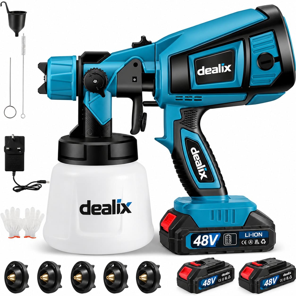 Dealix Spruzzatore di Vernice Senza Fili HVLP 48V – 150W, 5 Ugelli, 3 Modalità, 2 Batterie Li-Ion - foto 1
