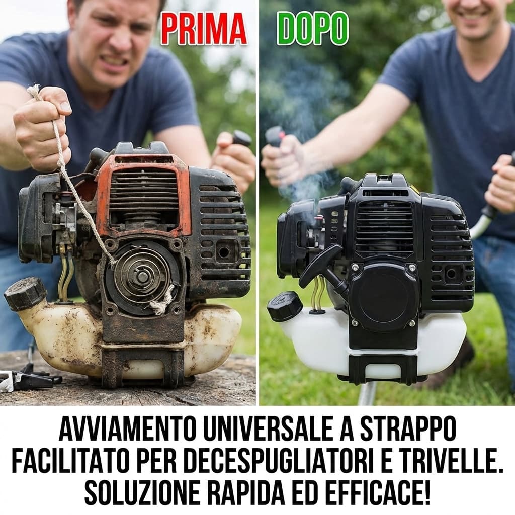 Prima e dopo Avviamento universale a strappo facilitato per decespugliatori e trivelle