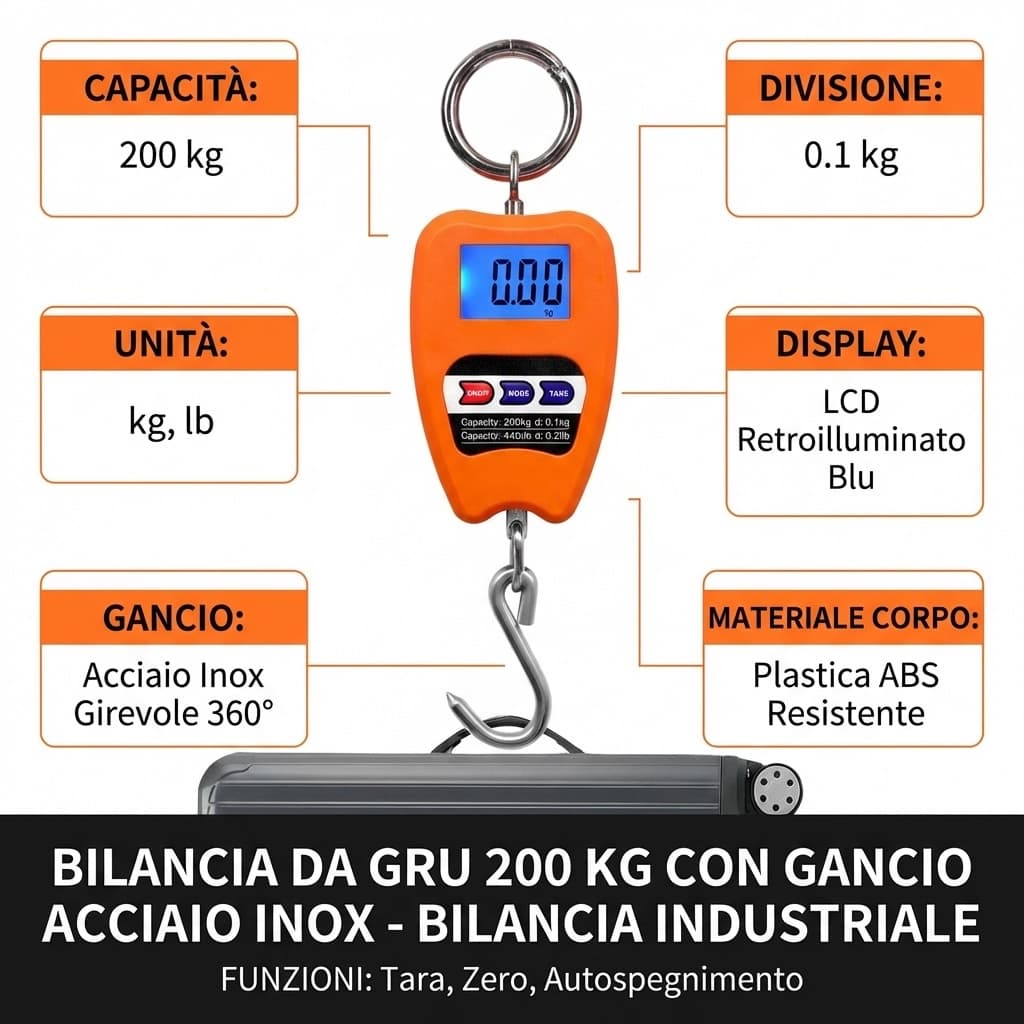 Specifiche Bilancia Digitale Professionale Industriale Gancio Dinamometro Molla 200 kg