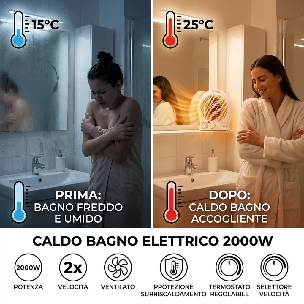 Prima e dopo Caldo Bagno Elettrico 2000W Termoventilatore Riscaldamento Silenzioso 2 Potenze