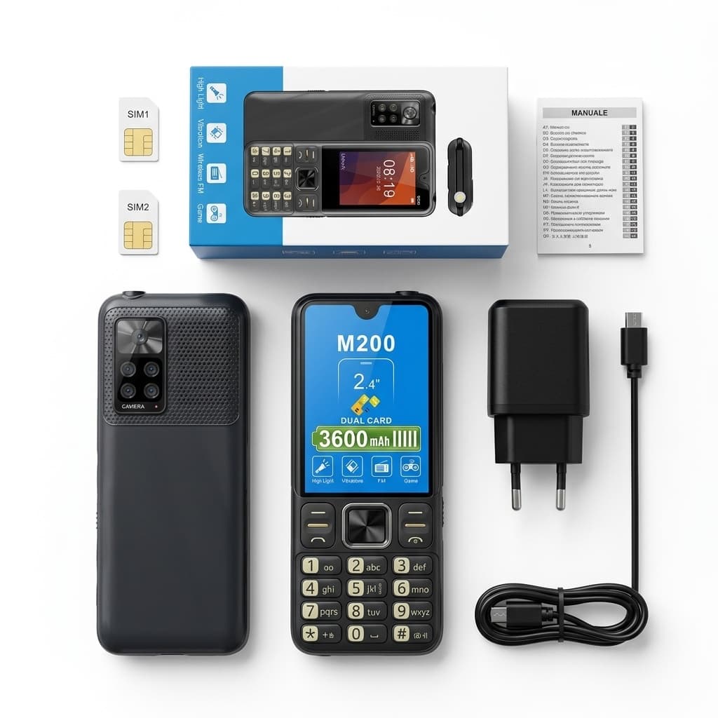 Cellulare M200 | Dual SIM, Batteria 3600 mAh, Torcia LED, Radio FM, Schermo 2.4”
