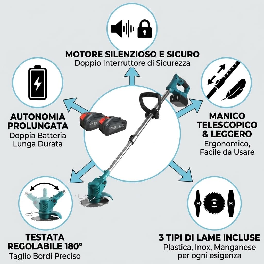 Benefici Decespugliatore a Batteria Tagliabordi Testata Regolabile e Maniglia Telescopica