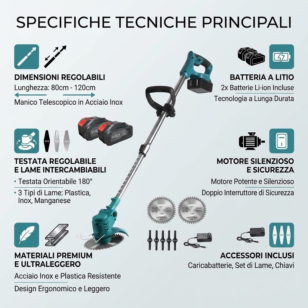 Specifiche Decespugliatore a Batteria Tagliabordi Testata Regolabile e Maniglia Telescopica