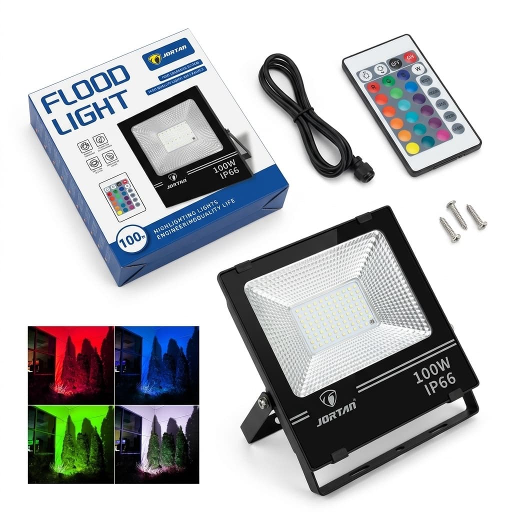 Faretto LED RGB 100W JORTAN IP66 – Multicolore con Telecomando | Faro Proiettore da Esterno e Interno Impermeabile