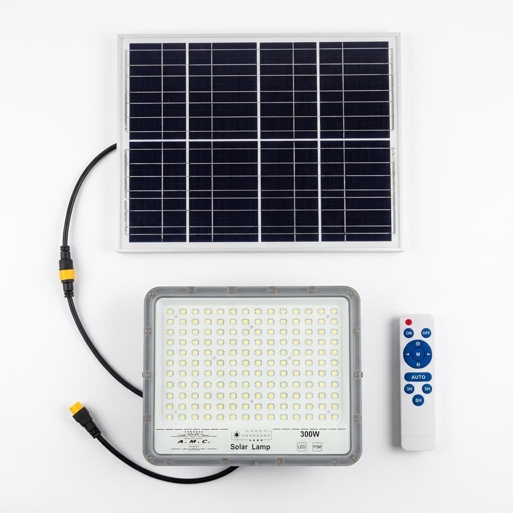 Faro a led 300W, pannello solare con sensore crepuscolare e telecomando, IP 67