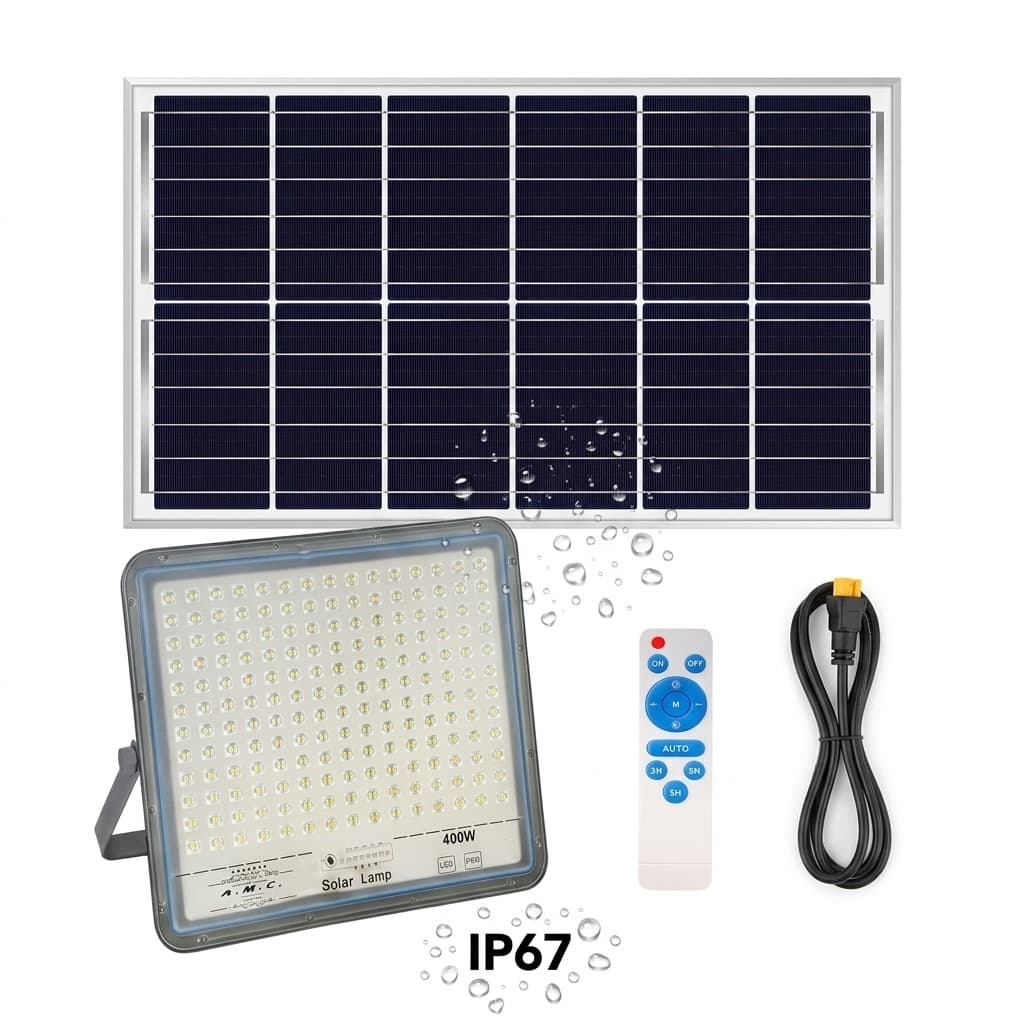 Faro a led 400W, pannello solare con sensore crepuscolare e telecomando, IP 67