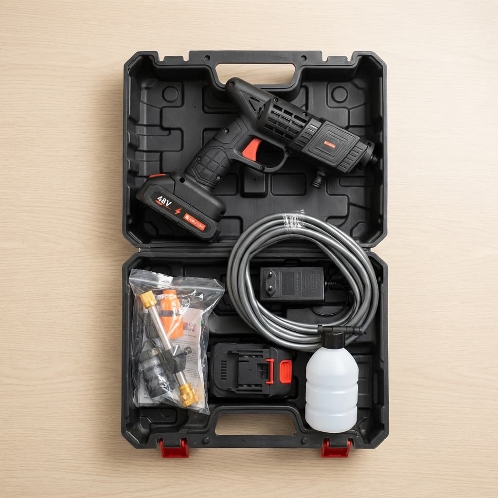 Contenuto del kit senza sorprese - Idropulitrice Portatile a Batteria Cleaning Gun | Kit Completo con Valigetta | Alta Pressione 48V