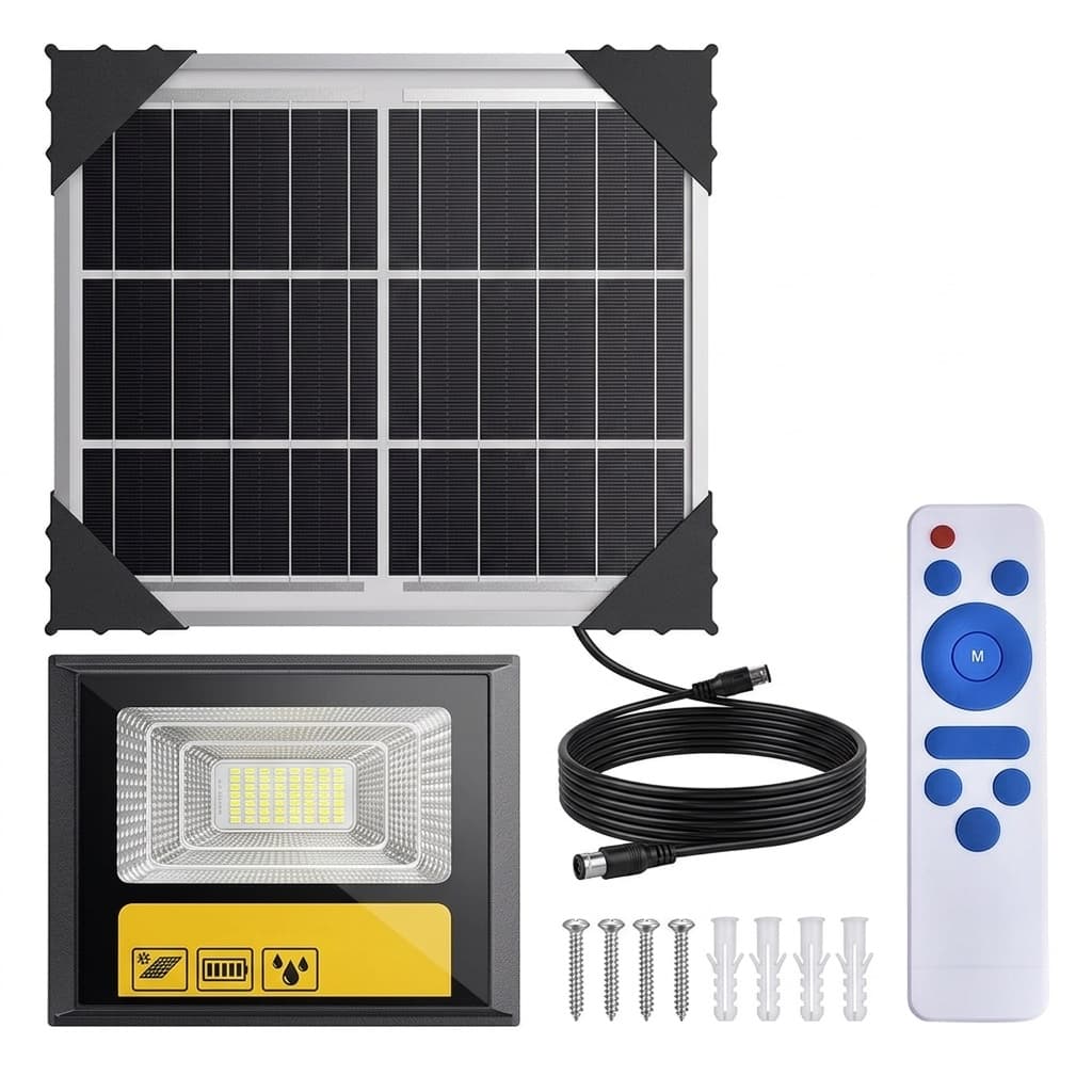 JORTAN Faro Solare 60W | Proiettore LED da Esterno con Pannello Solare e Telecomando