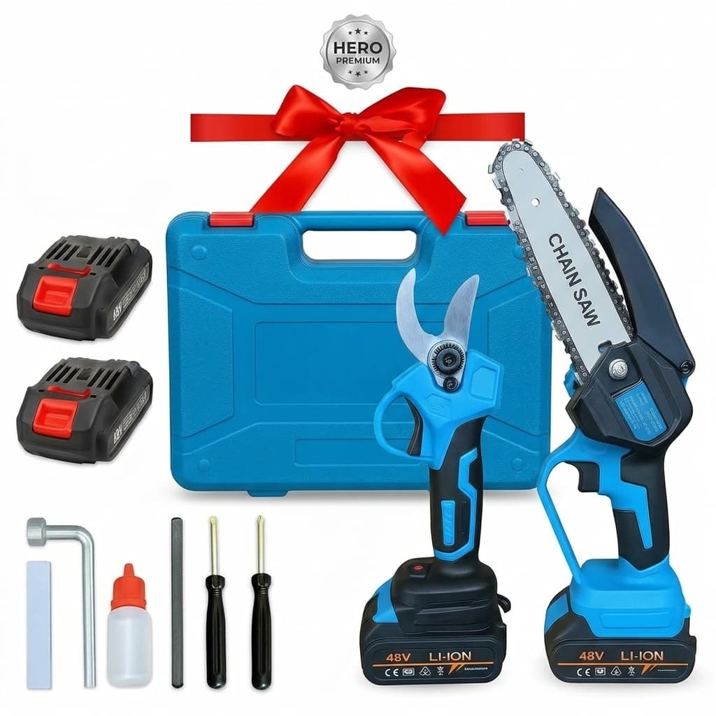 Kit Potatura 2 in 1 a Batteria 48V – Forbici Elettriche + Mini Motosega Portatile | 2 Batterie al Litio | Valigetta Inclusa | Taglio Professionale per Vigneto e Giardino - foto 1