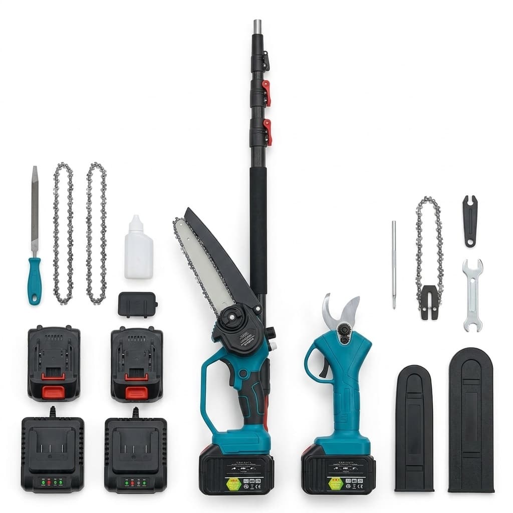 Kit 3 in 1 — Asta + Forbici + Motosega 8 pollici con oliatore + 2 batterie 88V + Accessori