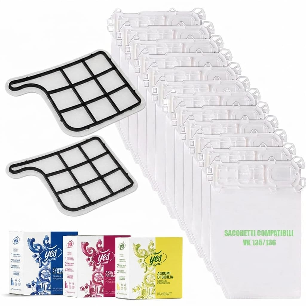 Kit da 12 sacchetti premium, 3 profumi in grani, 2 filtri per folletto VK135-136