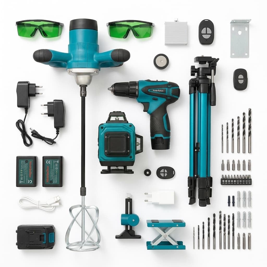 Kit Edilizia 3 in 1 Professionale – Miscelatore + Trapano 18V + Livella Laser 4D con Treppiede e Accessori Completi