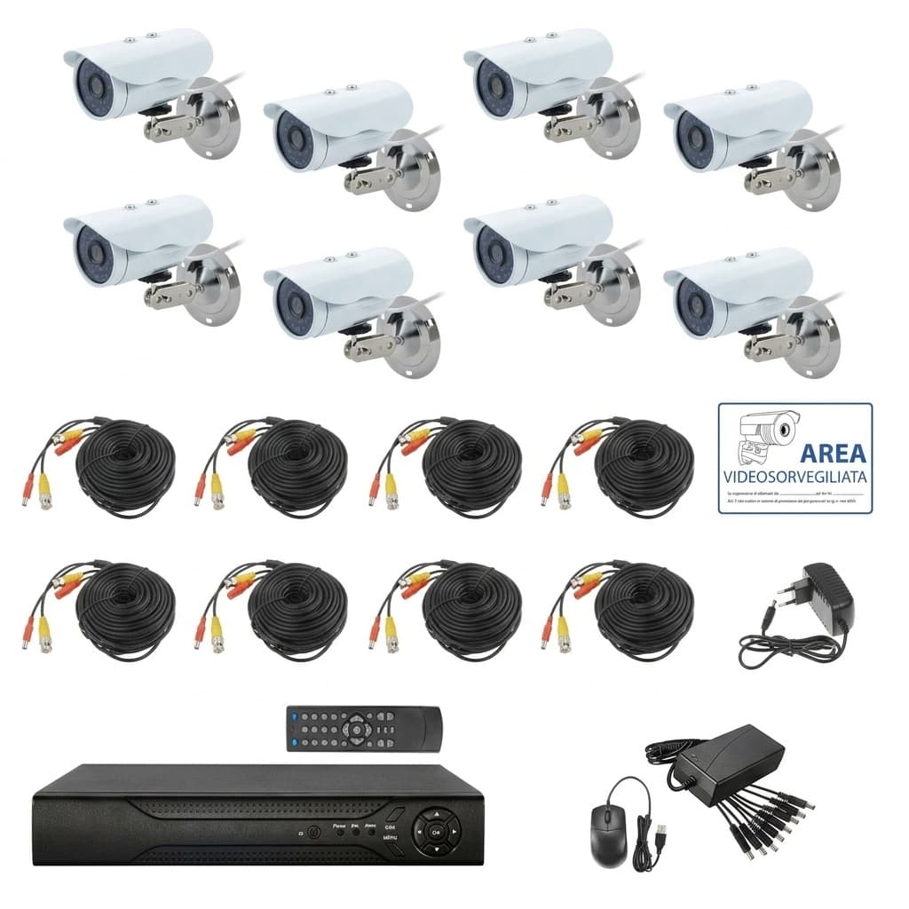 Kit Videosorveglianza AHD 8 Canali Professionale – DVR Cloud + 8 Telecamere 2MPX CCD + Cavi 20m + Alimentatori – Visione Notturna e Registrazione Remota
