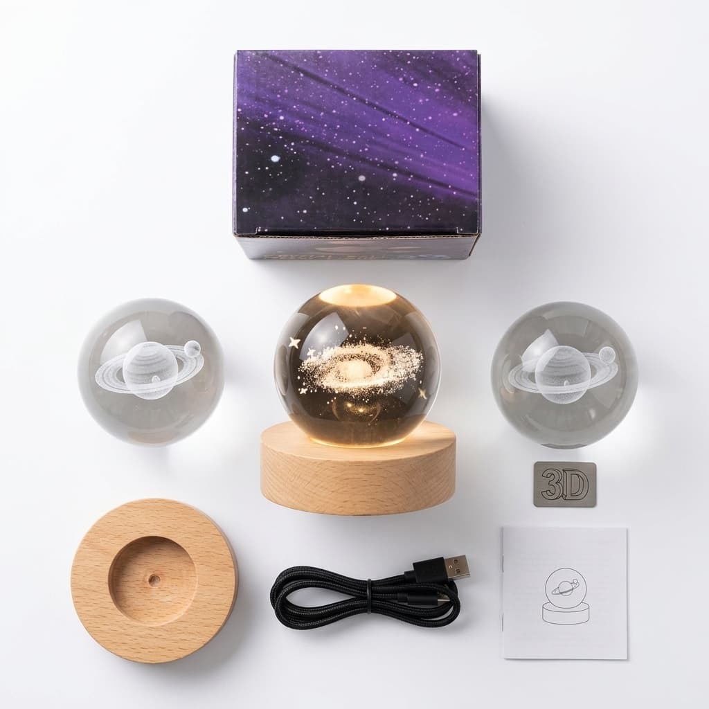 Lampada Notturna 3D Crystal Ball | Sfera in Cristallo con Base in Legno e Luce Calda