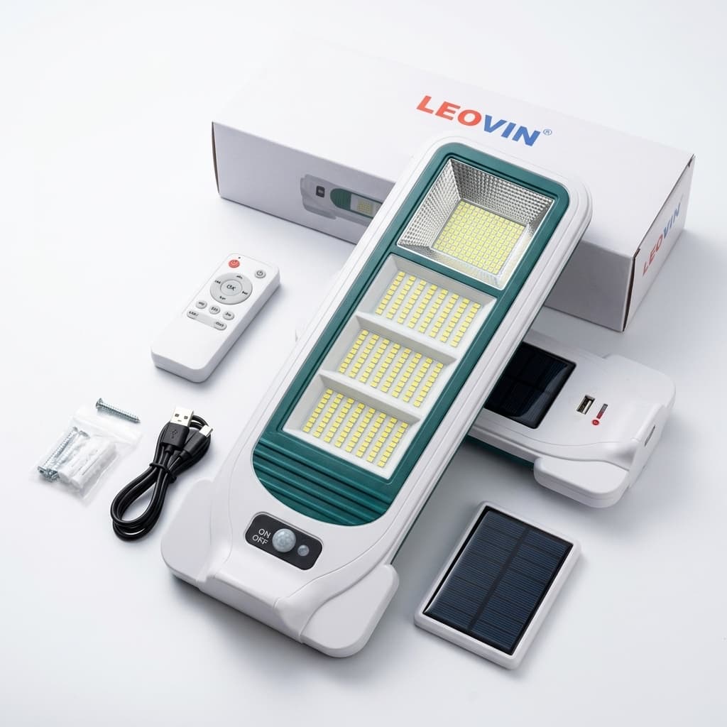 Lampada Solare LED 100W LEOVIN – Ricarica USB | Luce da Esterno con Pannello Solare Integrato | Illuminazione Potente per Giardino, Casa e Campeggio