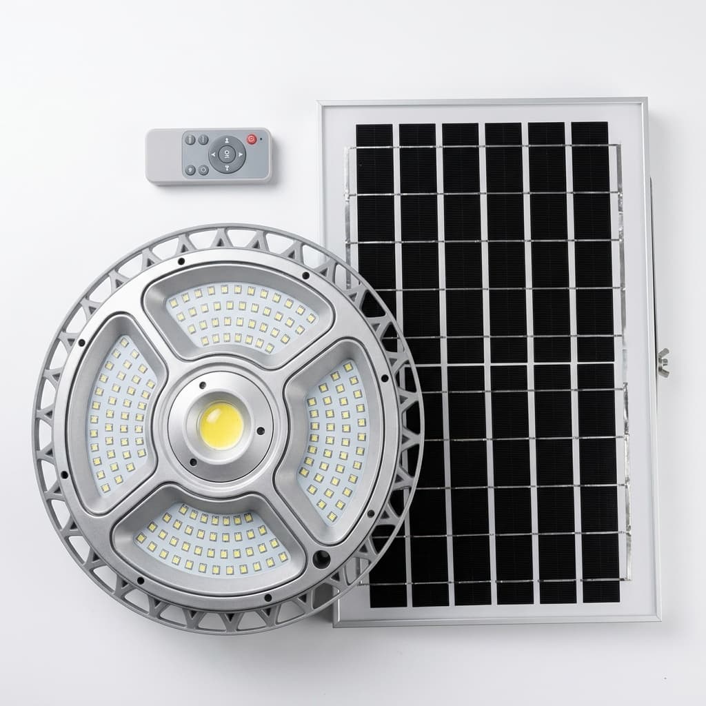 Lampada Solare LED 200W Leovin con Pannello Solare e Telecomando – 156 LED, 1200 Lumen, IP66, 4 Modalità di Luce