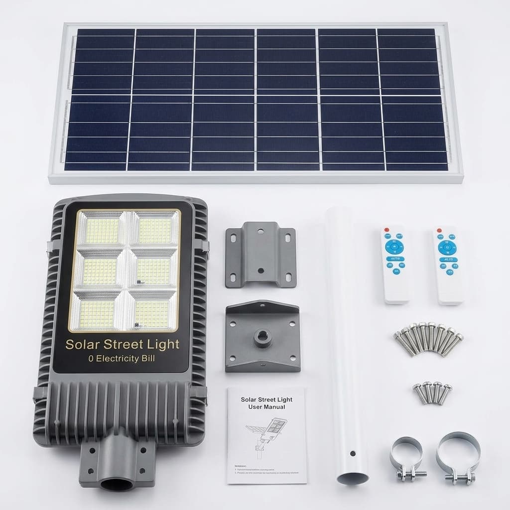 Lampione Solare LED 400W – Luce Stradale da Esterno con Pannello Monocristallino, Telecomando, Sensore Crepuscolare & Impermeabile IP65 / IP66 - foto 1