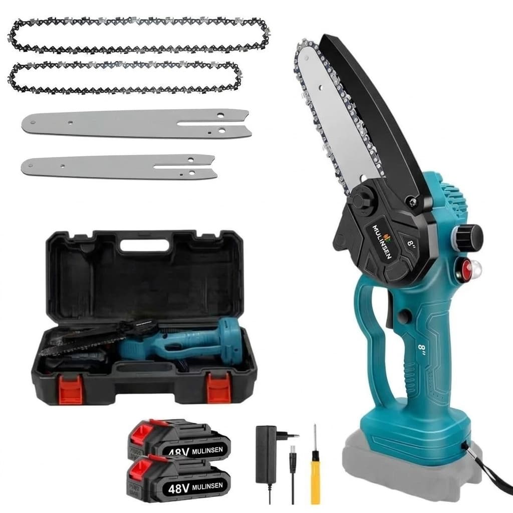 Motosega a Batteria MULINSEN 48V 8” | 400W | Catena Professionale | Taglio Rapido e Preciso | Kit con Valigetta