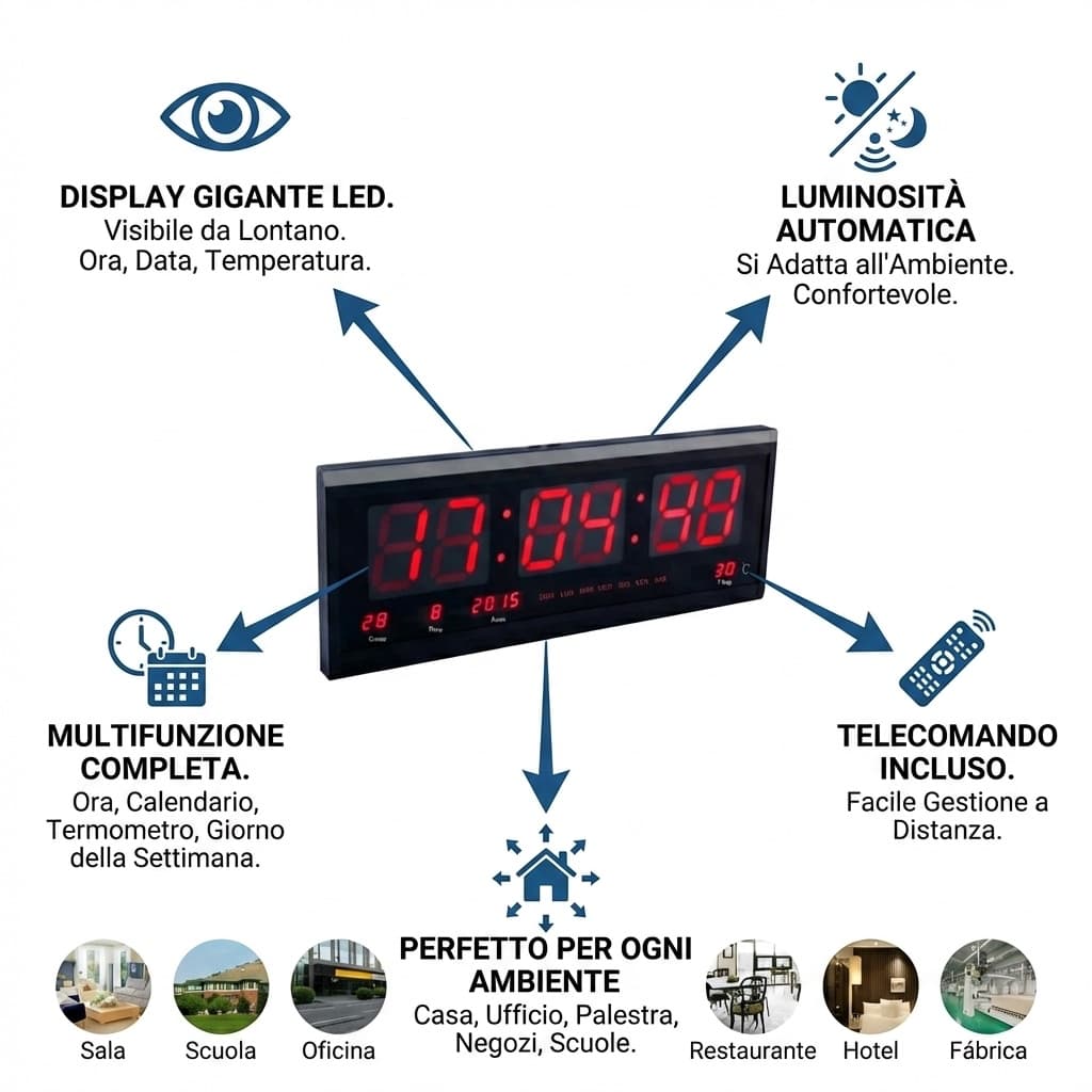 Benefici Orologio Digitale da Parete LED 3615 | Display Gigante con Data, Temperatura e Luminosità Automatica