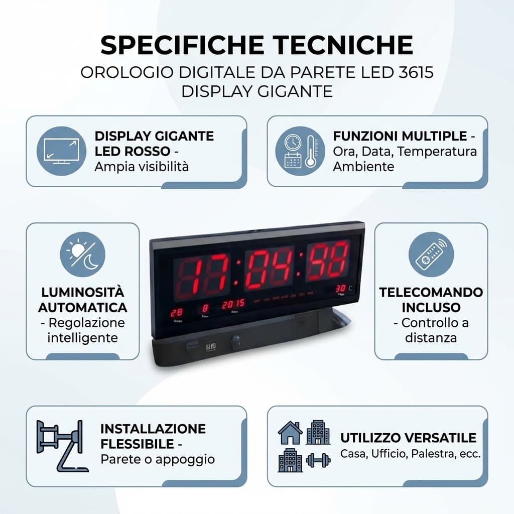 Specifiche Orologio Digitale da Parete LED 3615 | Display Gigante con Data, Temperatura e Luminosità Automatica