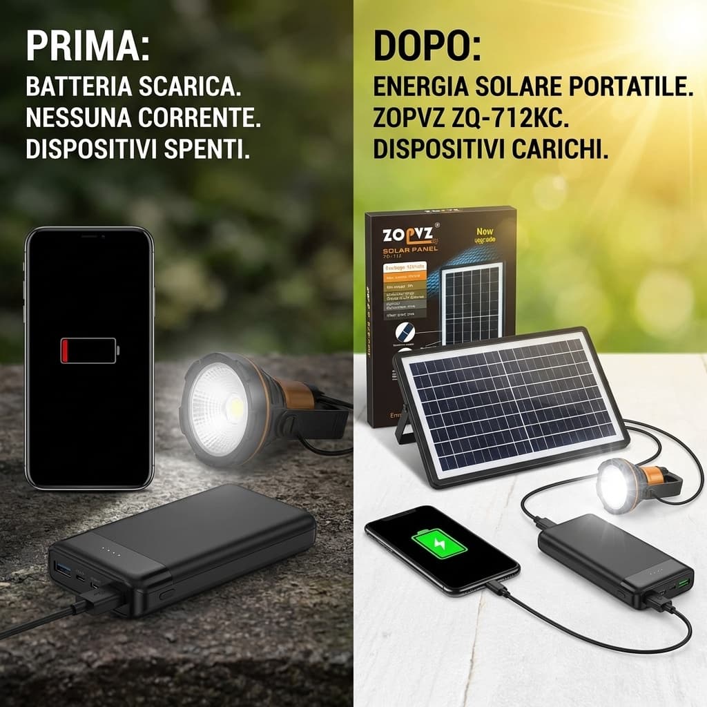 Prima e dopo Pannello solare portatile da 8W – ricarica USB per smartphone, luci LED e dispositivi 5V