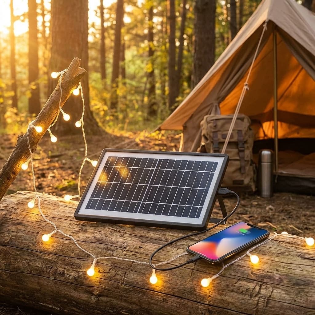 Pannello solare portatile da 8W – ricarica USB per smartphone, luci LED e dispositivi 5V in uso
