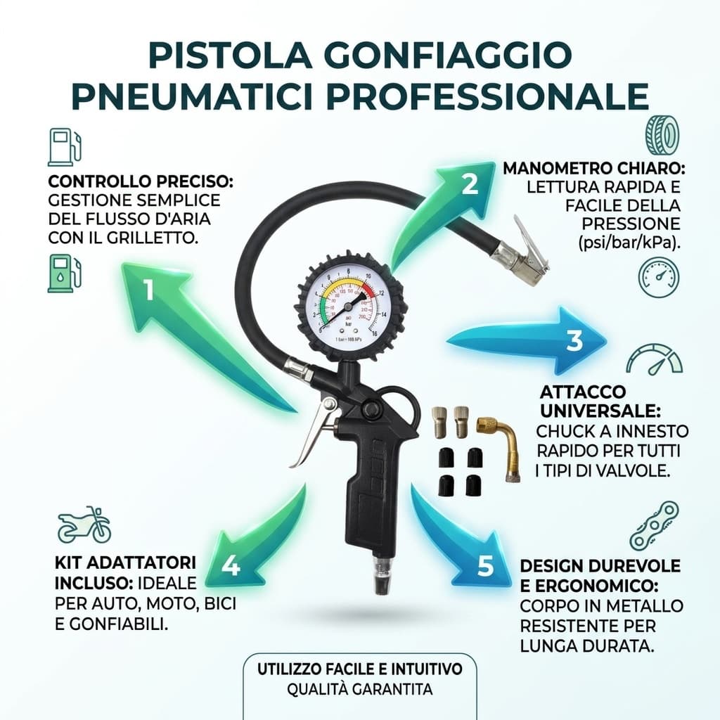 I Vantaggi Principali - Pistola Gonfiaggio Pneumatici Professionale con Manometro per Pressione Gomme