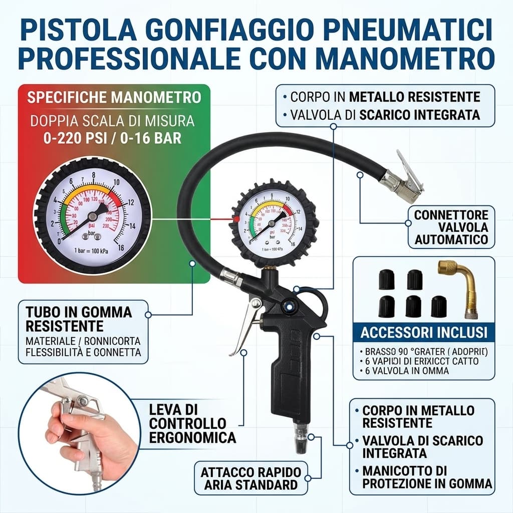 Specifiche Pistola Gonfiaggio Pneumatici Professionale con Manometro per Pressione Gomme