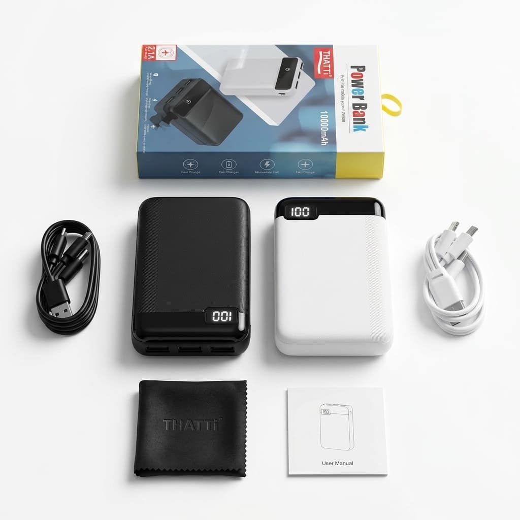 Power Bank Portatile Thatti 10.000 mAh | 3 Uscite USB + Cavo incluso | Ricarica Rapida 2.1A