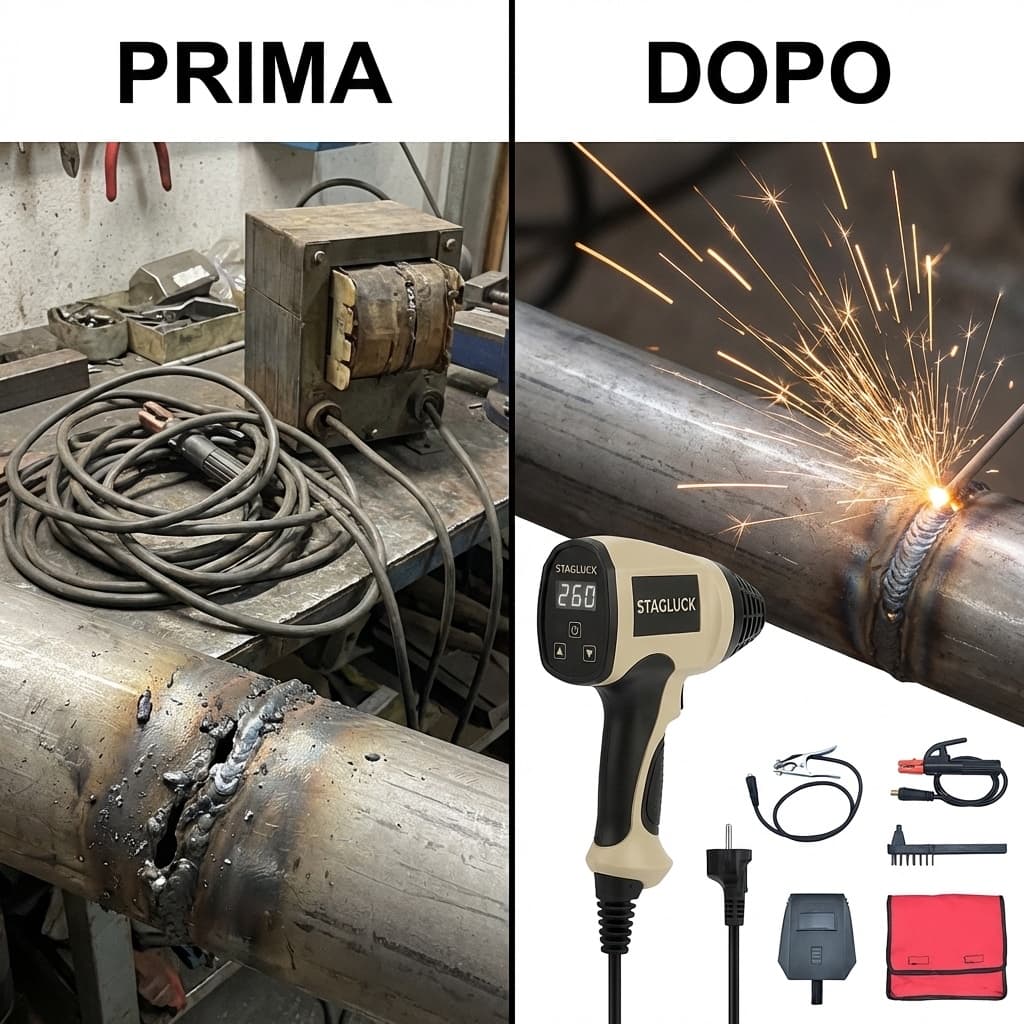 Prima e dopo Saldatrice Portatile Digitale STAGLUCK – Display Smart | 220V | Tecnologia Inverter | Compatta e Leggera | Saldatura Professionale Rapida e Precisa