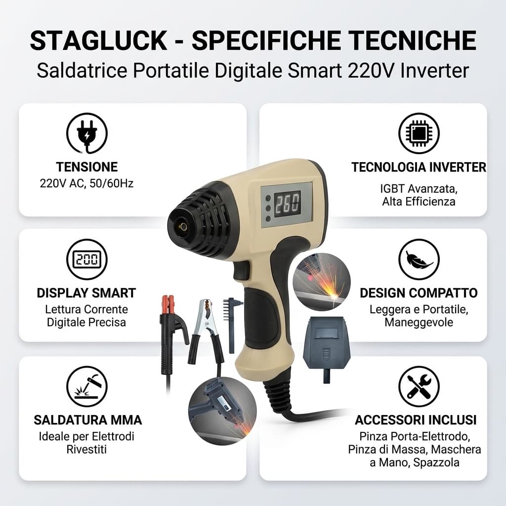 Specifiche Saldatrice Portatile Digitale STAGLUCK – Display Smart | 220V | Tecnologia Inverter | Compatta e Leggera | Saldatura Professionale Rapida e Precisa