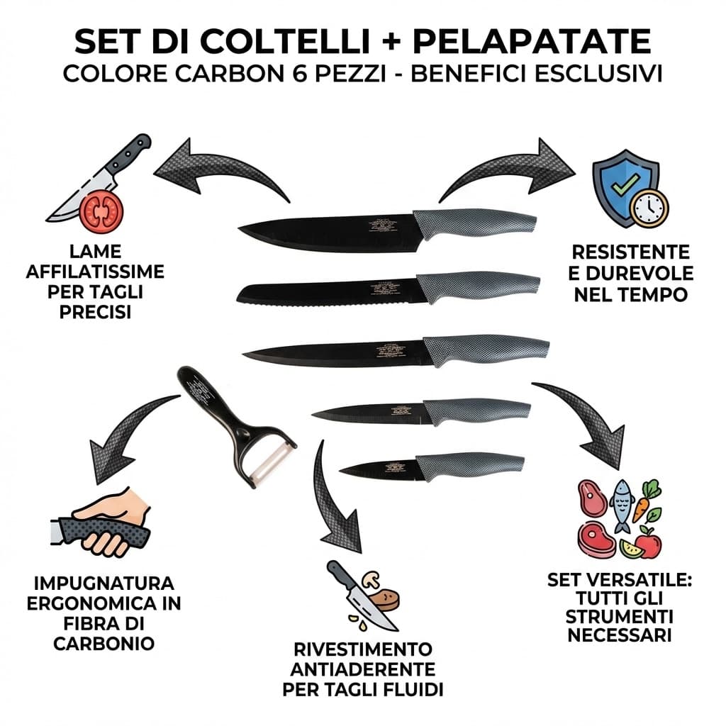 Set di coltelli piu' pelapatate colore carbon 6 pezzi di alta qualita' - foto 3